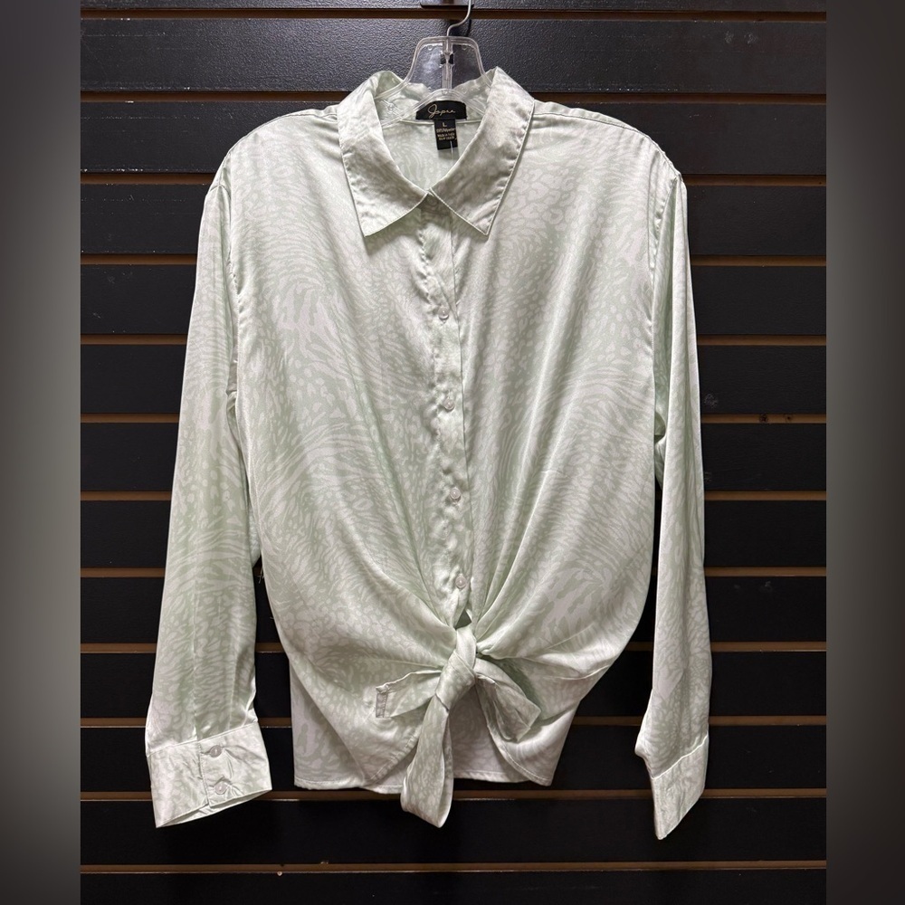Japna Satin Tie Front Button Down Blouse Mint Green Size L